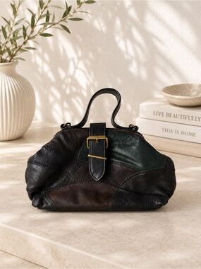 Vintage Leather Patchwork Mini Top Handle Bag Retro Doctor Bag Purse